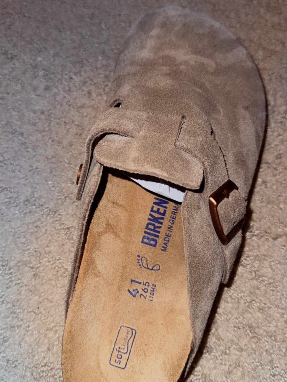 Birkenstock Men's Suede Clog Sandals in Taupe Brown with Bronze Buckle - Picture 2 of 8